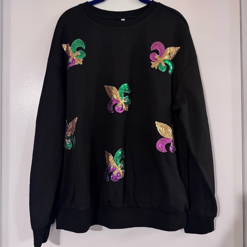 Black Mardi Gras Sweatshirt with Colorful Embellishments